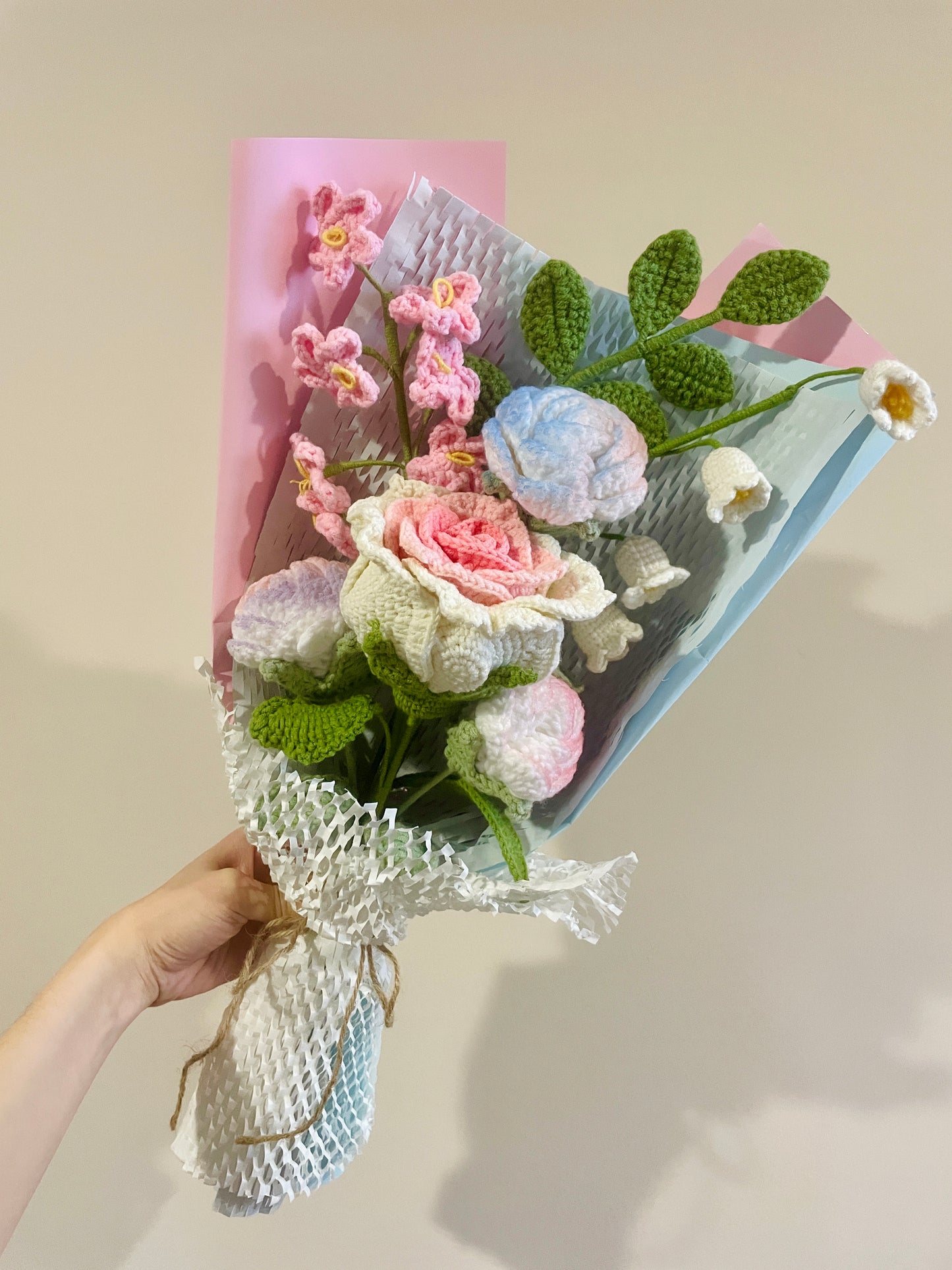 Mixed Thai & Unicorn Rose Crochet Flowers Bouquet with package