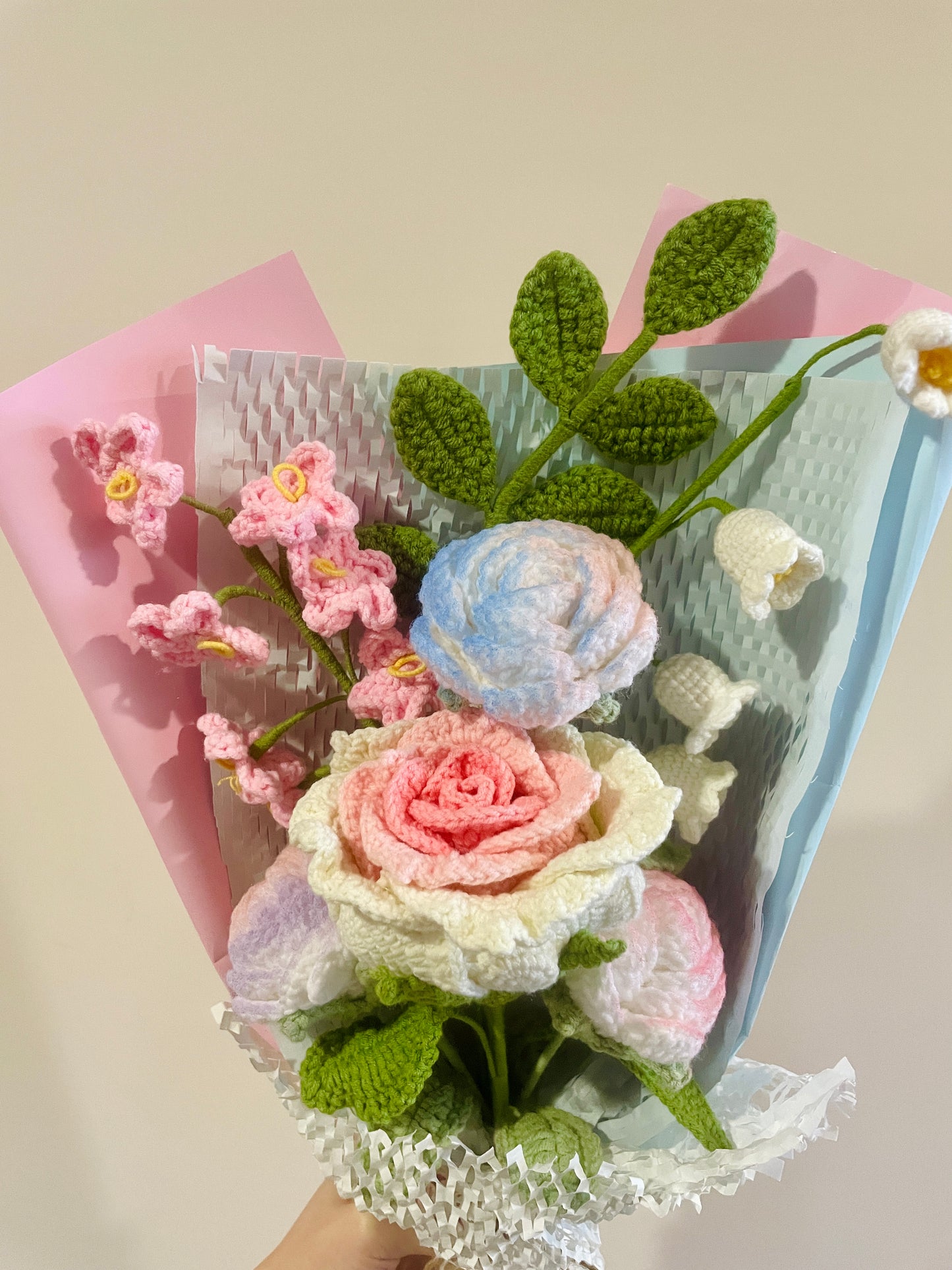 Mixed Thai & Unicorn Rose Crochet Flowers Bouquet with package
