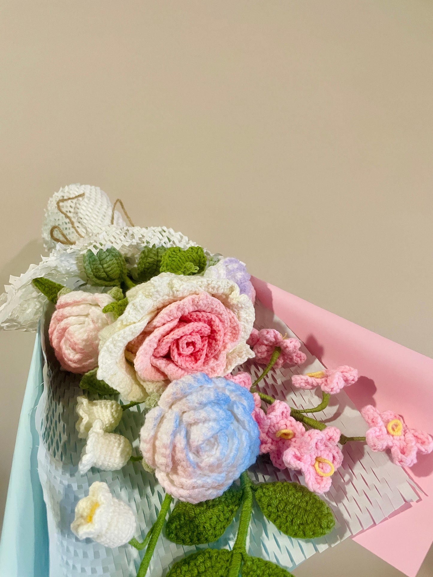 Mixed Thai & Unicorn Rose Crochet Flowers Bouquet with package