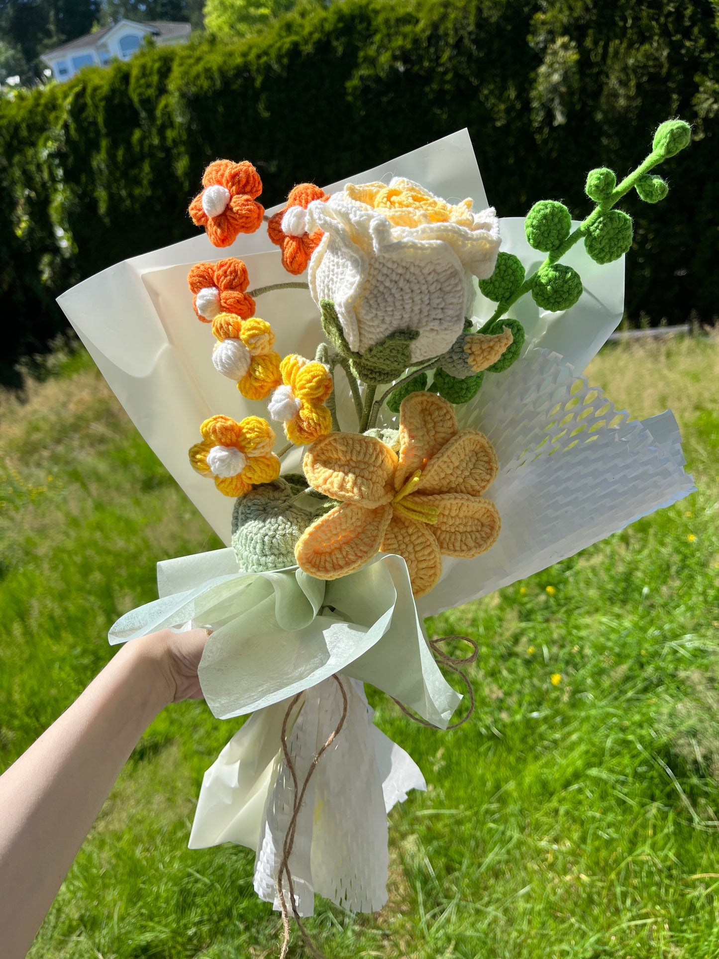 Mixed Yellow Crochet Flowers Bouquet with package