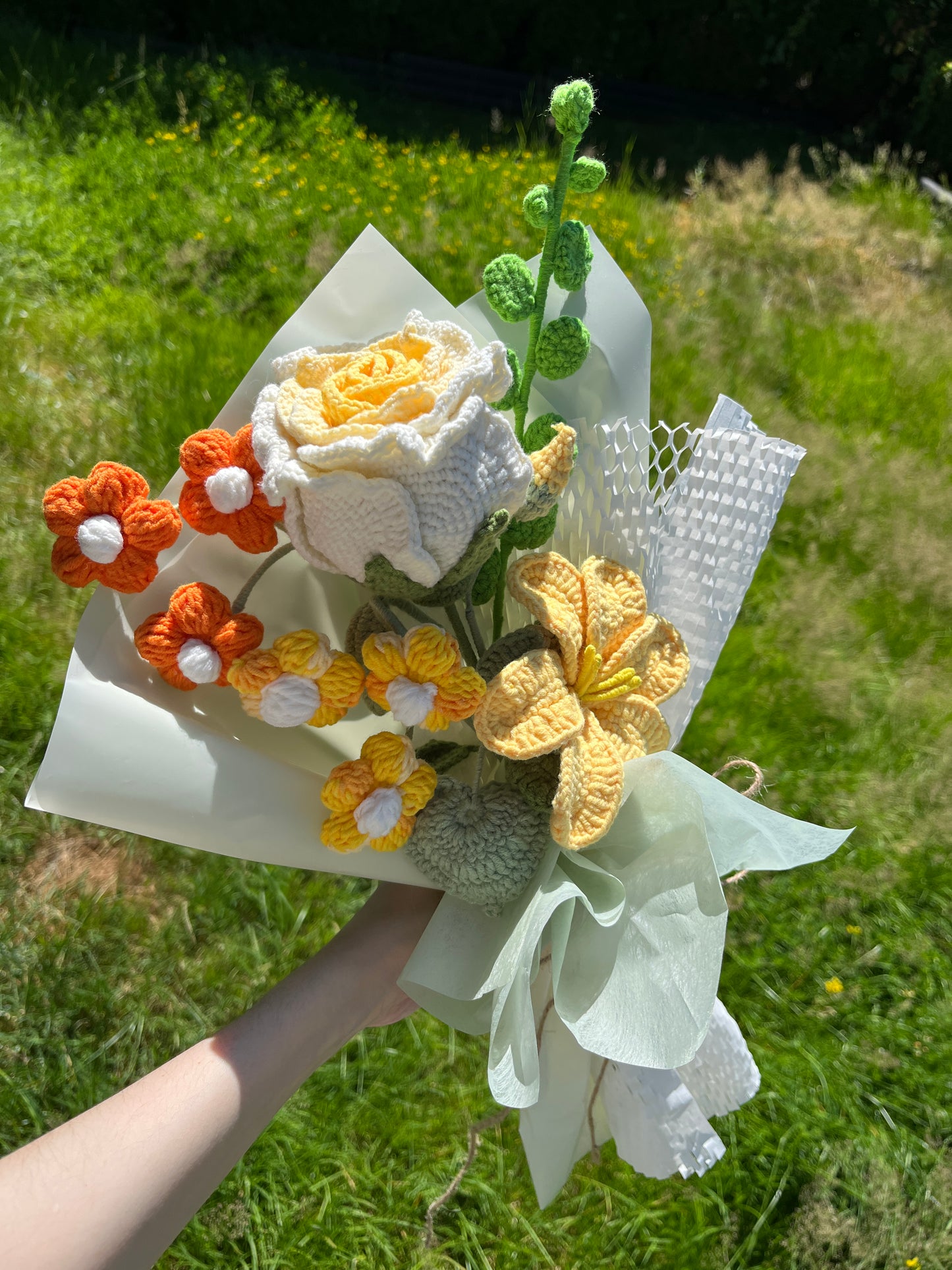 Mixed Yellow Crochet Flowers Bouquet with package