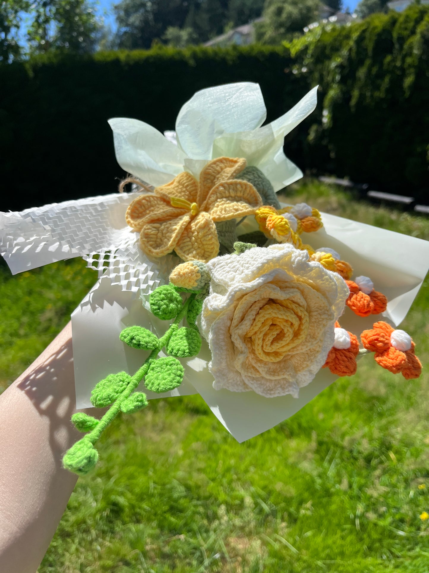Mixed Yellow Crochet Flowers Bouquet with package