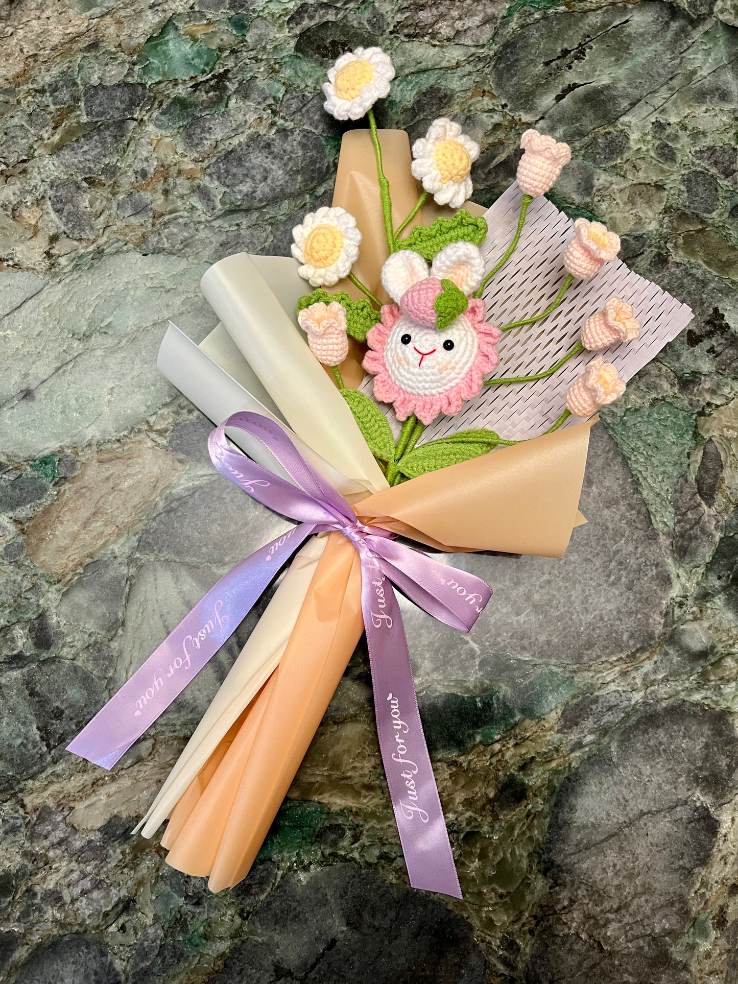 Mixed Small Rabbit Sunflower Crochet Flowers Bouquet with package