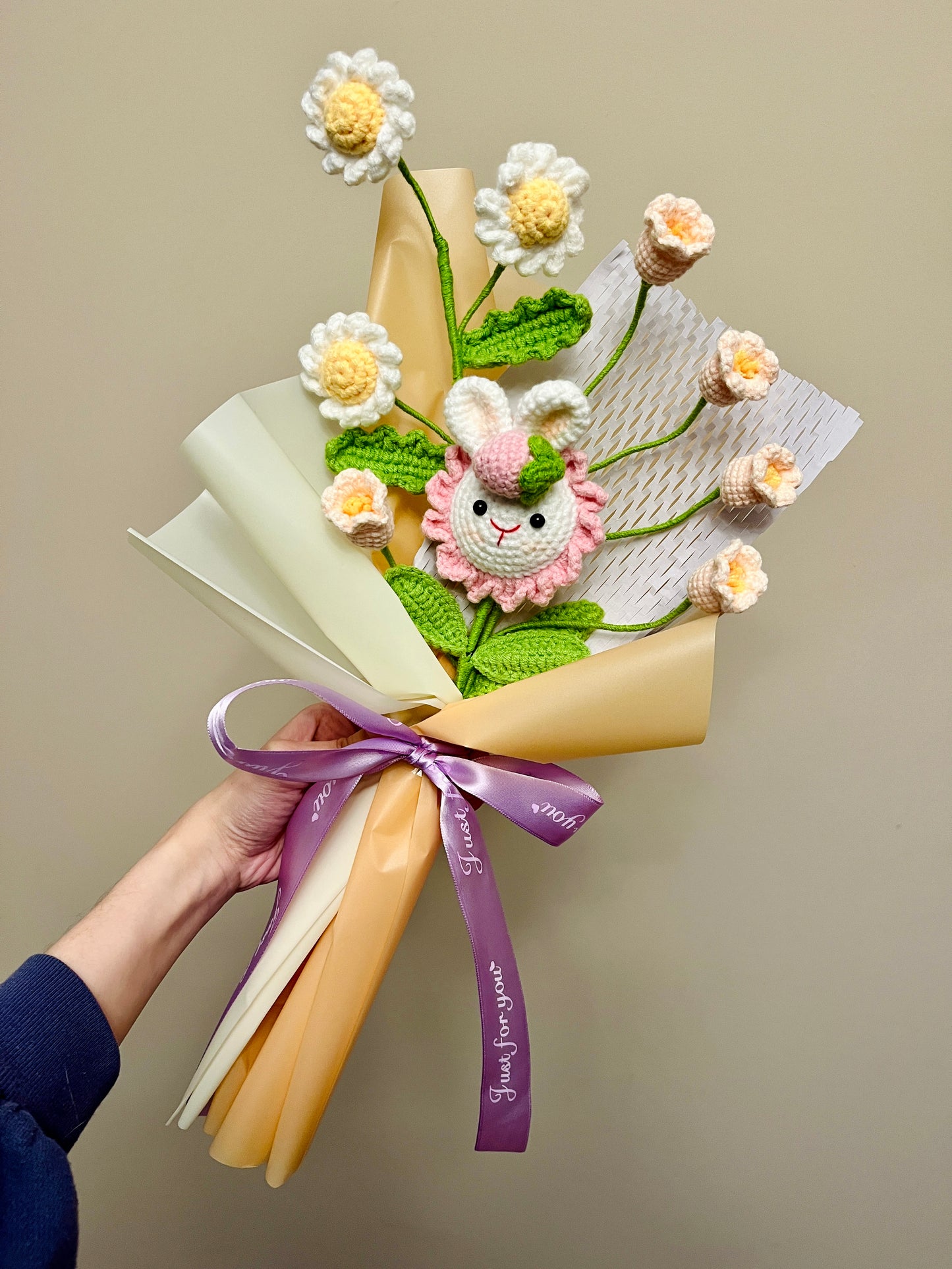 Mixed Small Rabbit Sunflower Crochet Flowers Bouquet with package