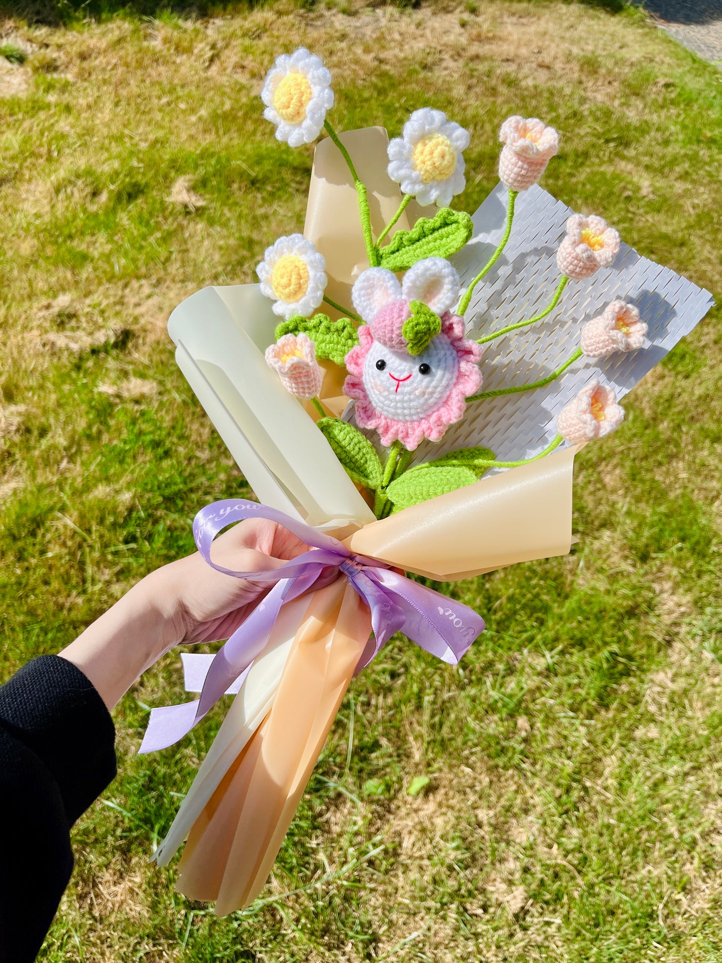 Mixed Small Rabbit Sunflower Crochet Flowers Bouquet with package