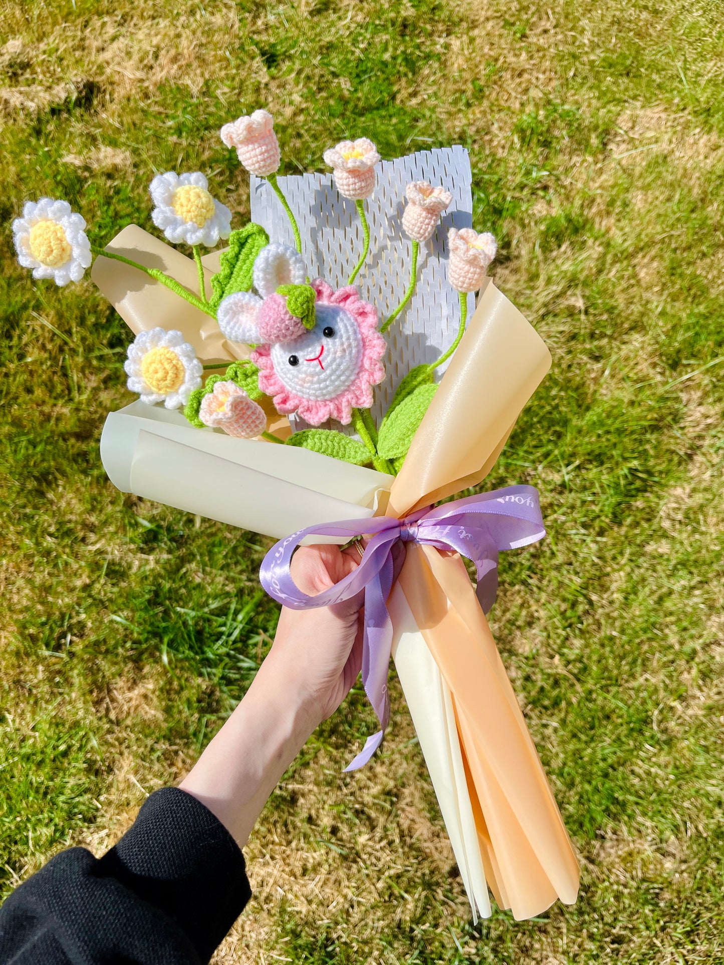 Mixed Small Rabbit Sunflower Crochet Flowers Bouquet with package