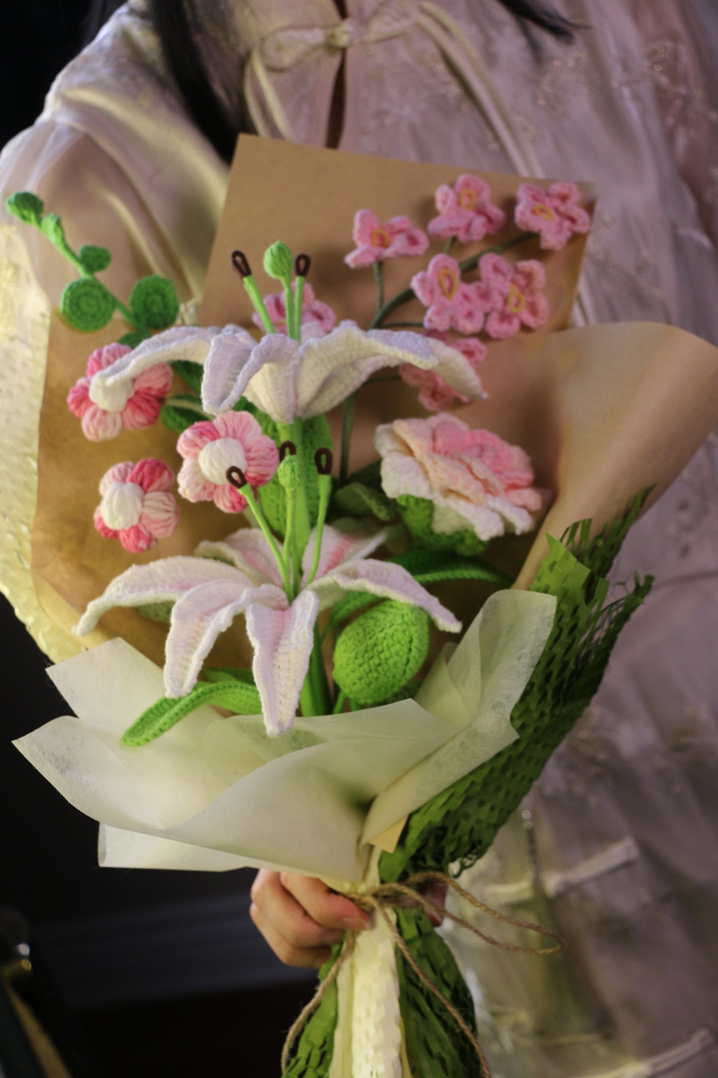 Mixed Oriental Lilly Crochet Flowers Bouquet with package