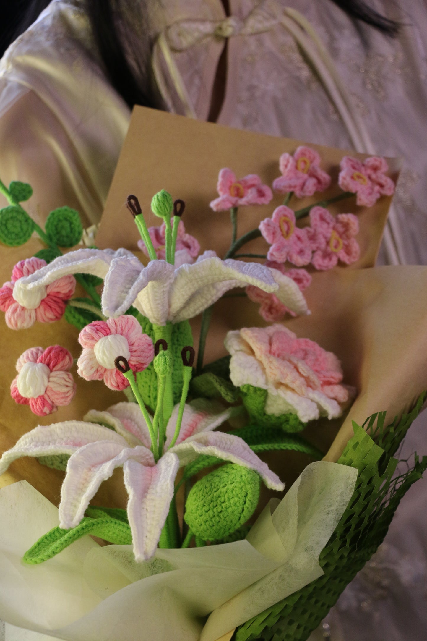 Mixed Oriental Lilly Crochet Flowers Bouquet with package