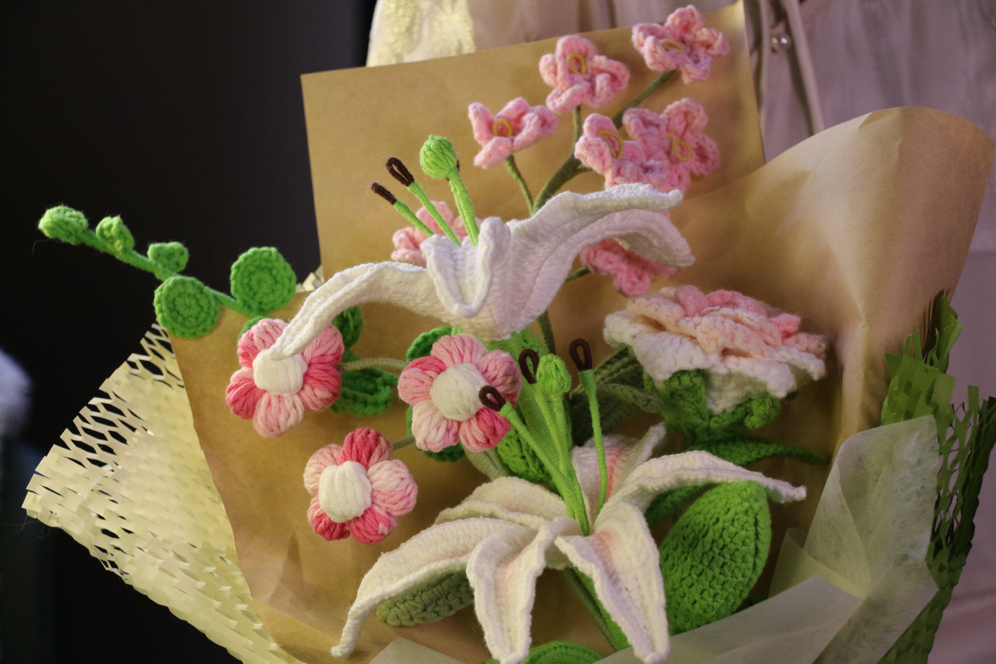 Mixed Oriental Lilly Crochet Flowers Bouquet with package