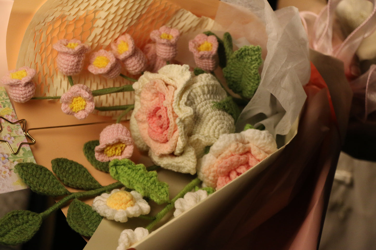 Mixed Pink Thai Rose Crochet Flowers Bouquet with package