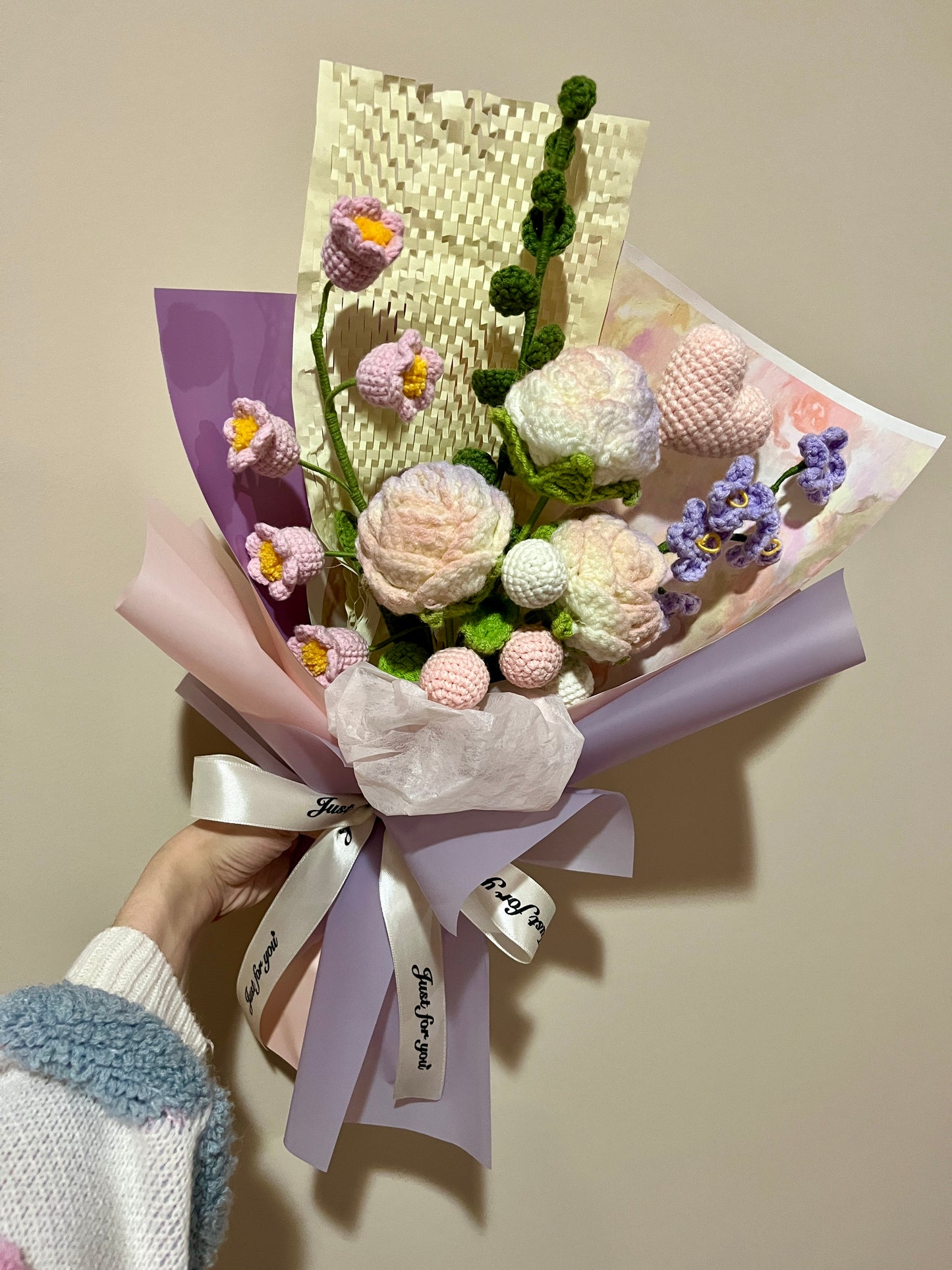Mixed Pink & Purple Unicorn Rose Crochet Flowers Bouquet with package