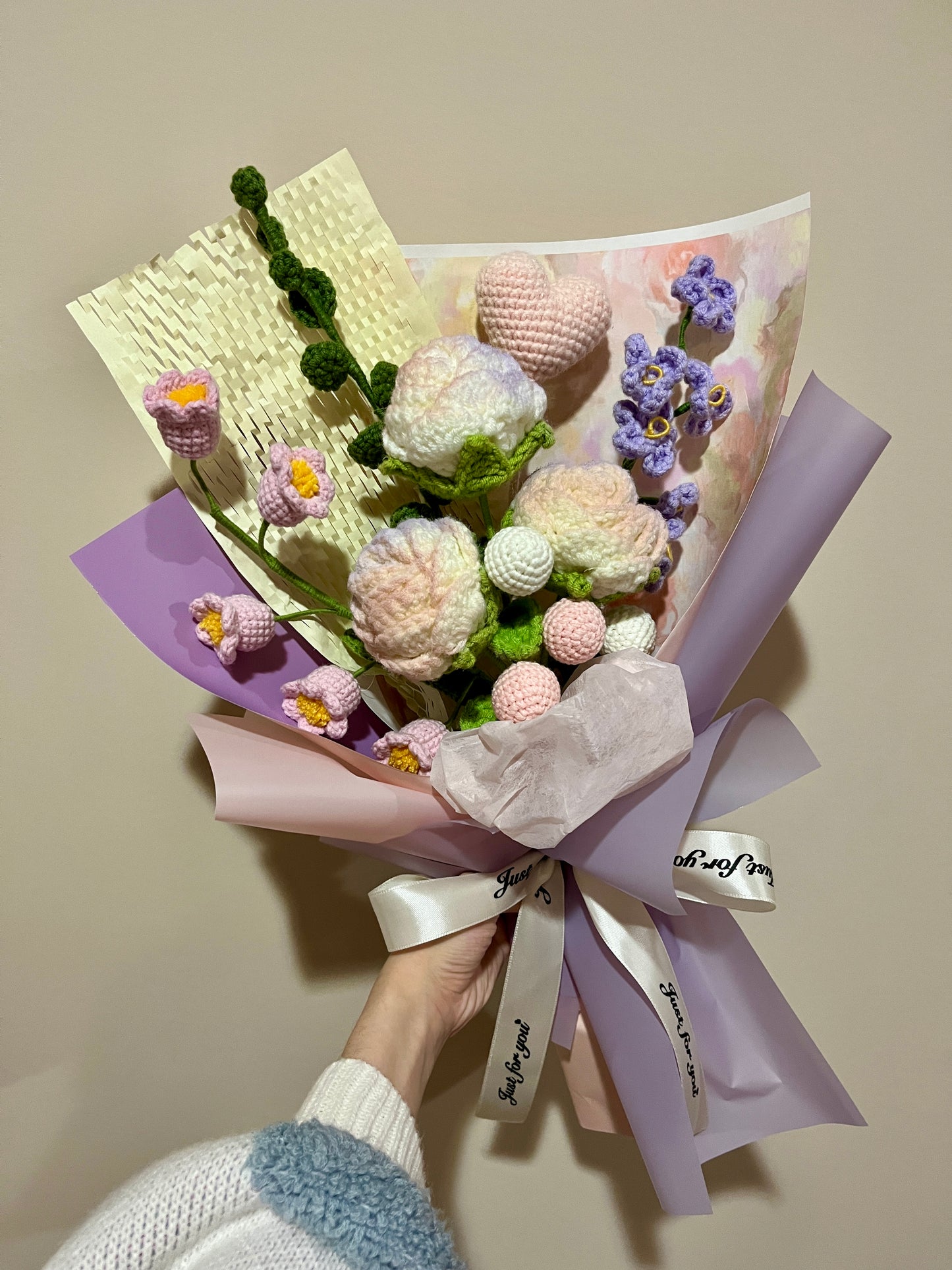 Mixed Pink & Purple Unicorn Rose Crochet Flowers Bouquet with package