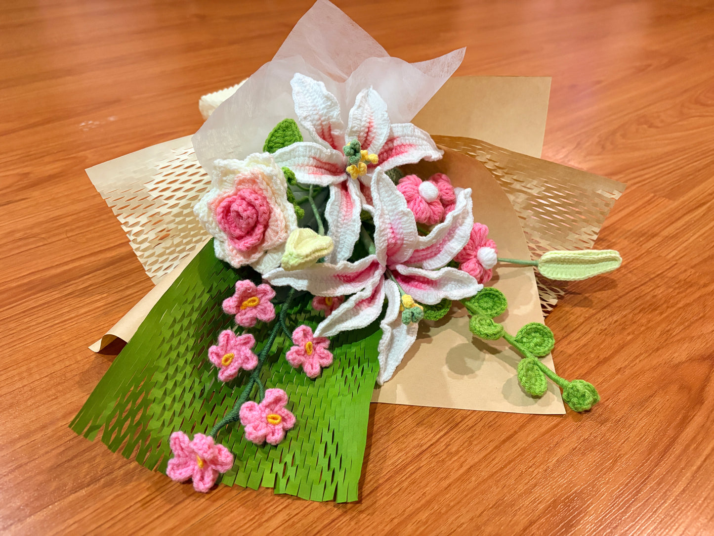 Mixed Oriental Lilly Crochet Flowers Bouquet with package