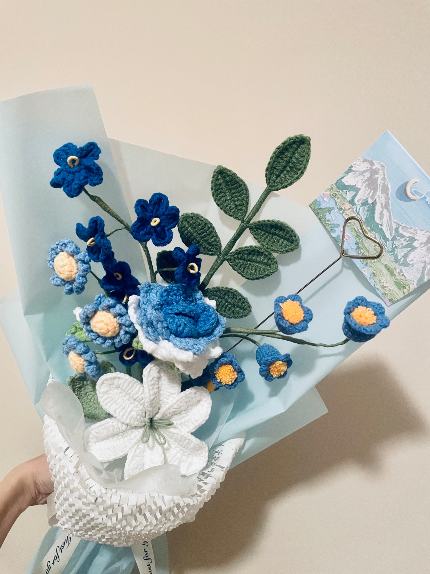 Mixed Blue Crochet Flowers Bouquet with package