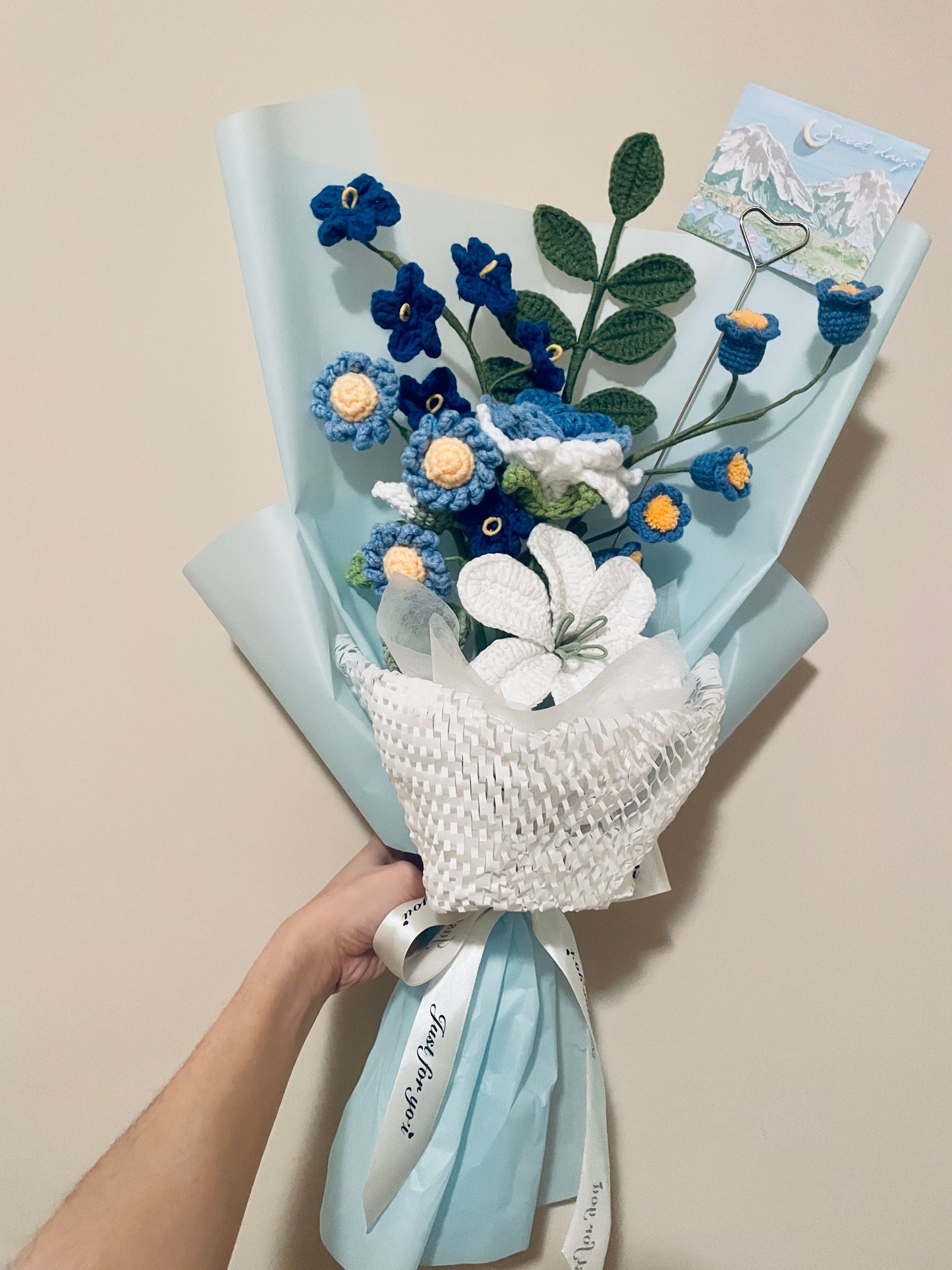 Mixed Blue Crochet Flowers Bouquet with package