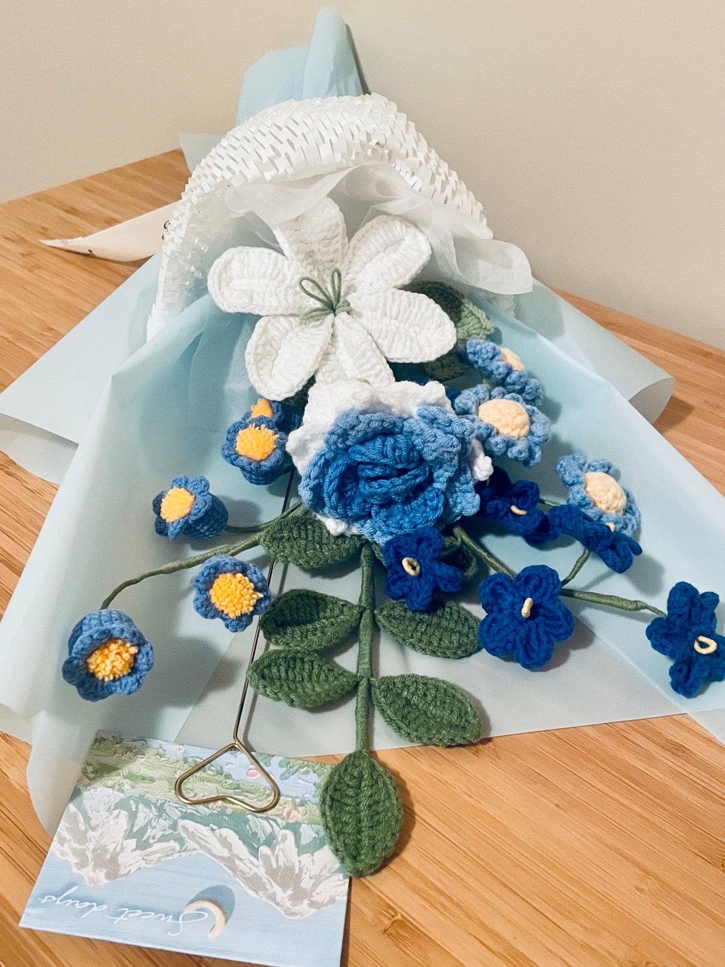 Mixed Blue Crochet Flowers Bouquet with package