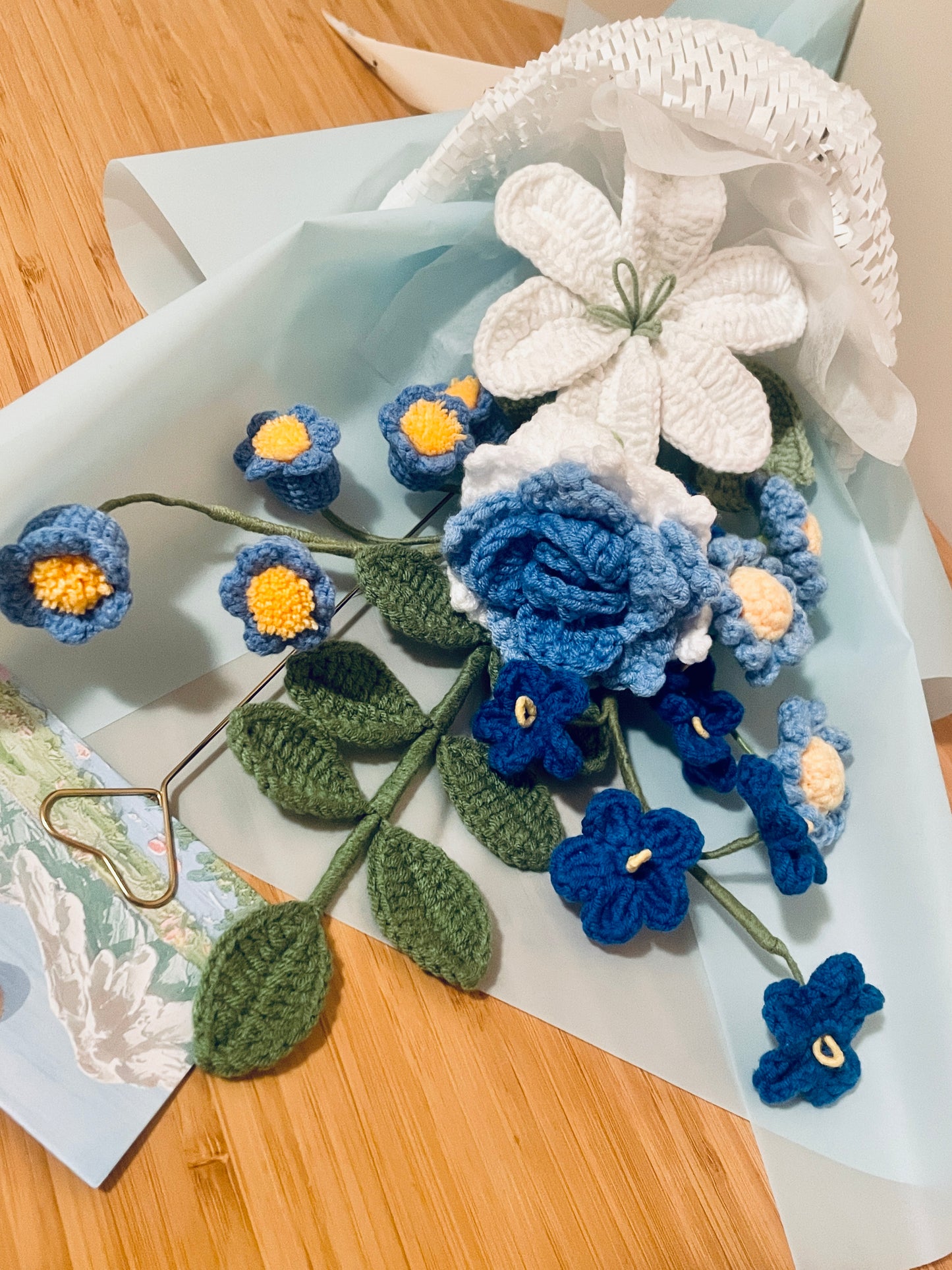 Mixed Blue Crochet Flowers Bouquet with package