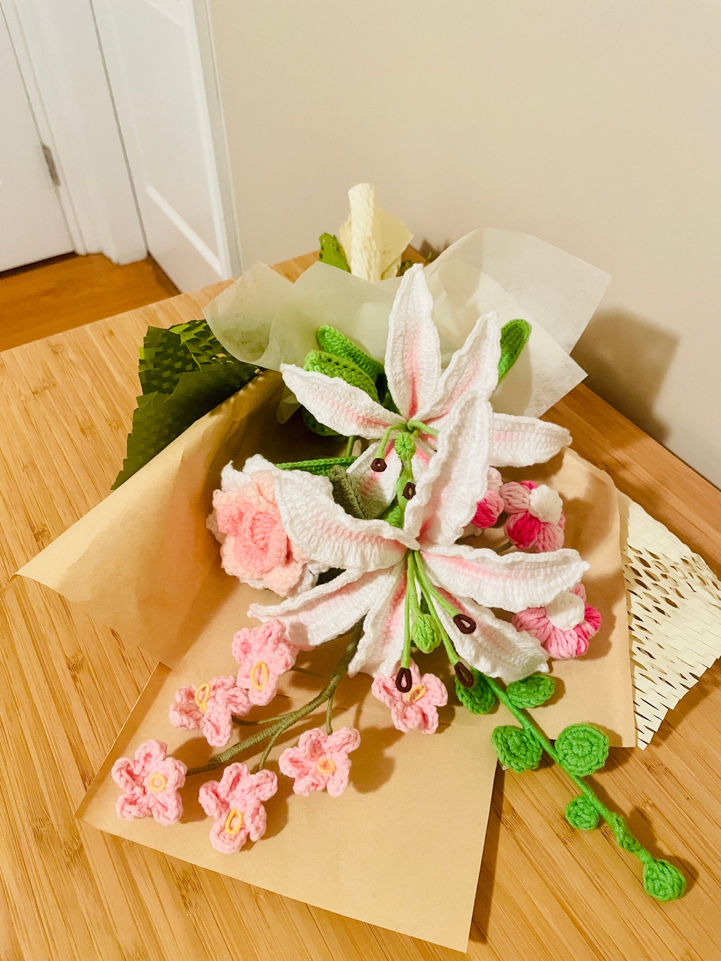 Mixed Oriental Lilly Crochet Flowers Bouquet with package