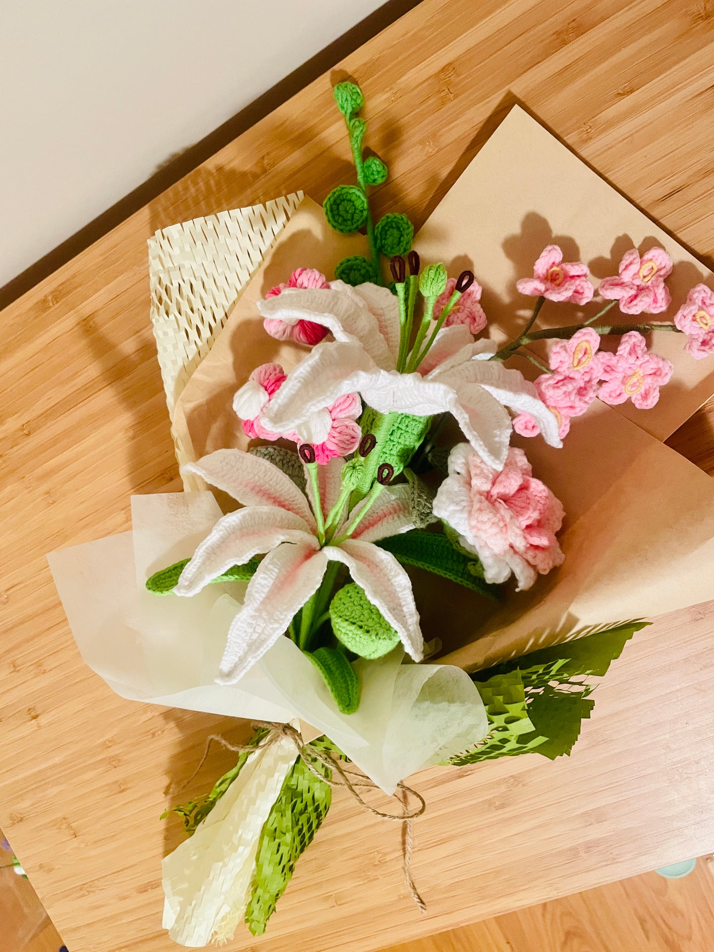 Mixed Oriental Lilly Crochet Flowers Bouquet with package