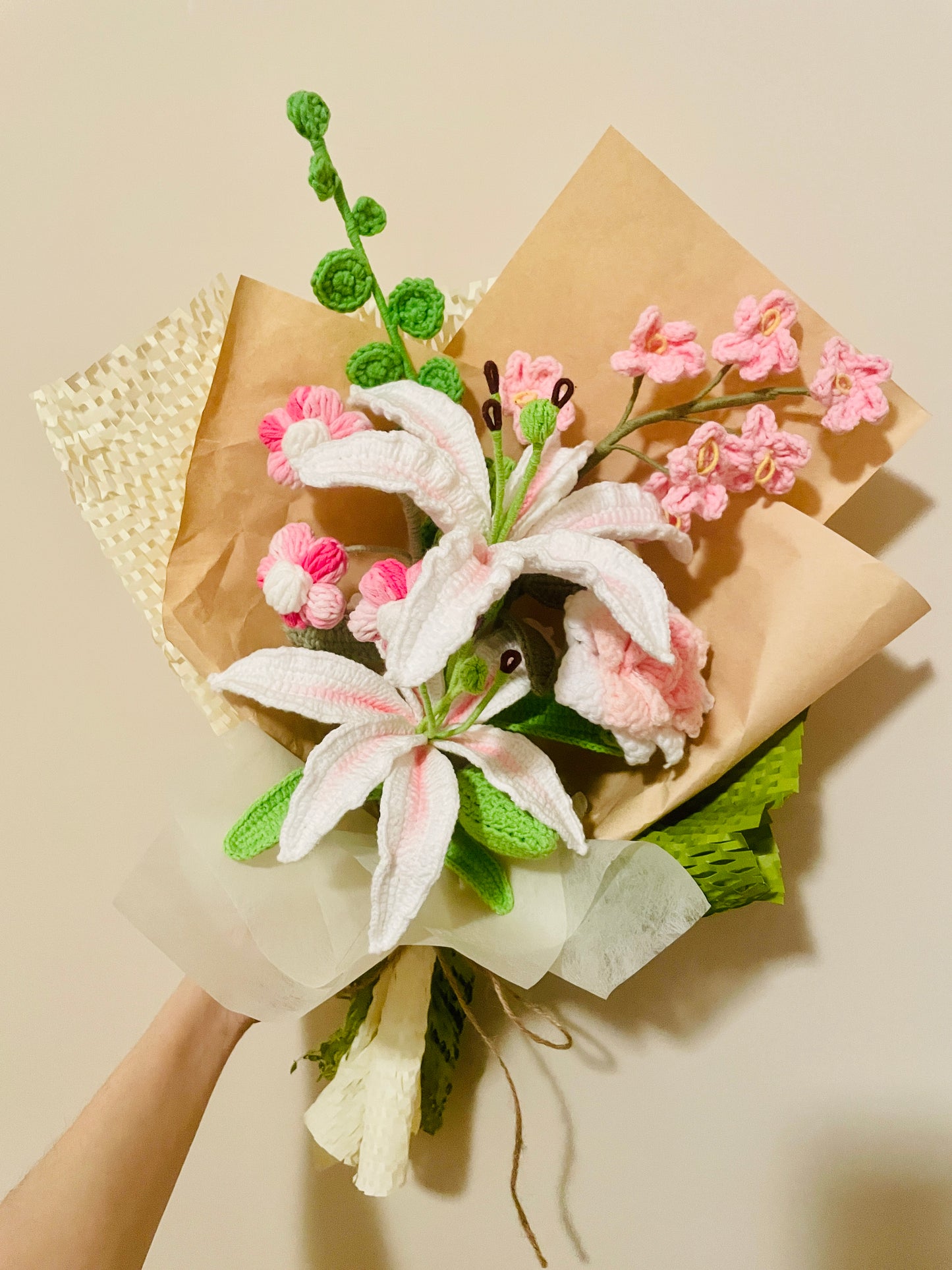Mixed Oriental Lilly Crochet Flowers Bouquet with package