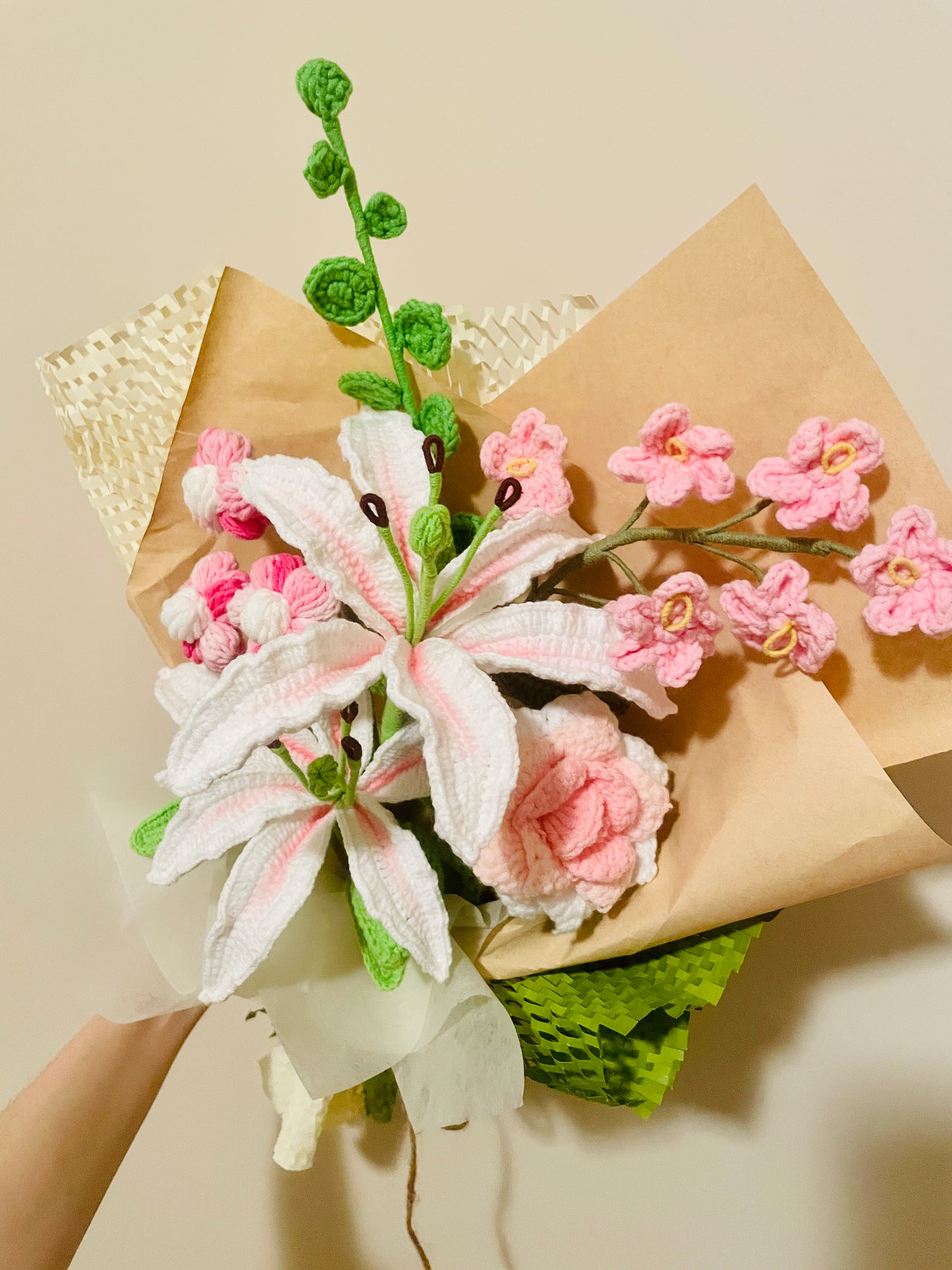 Mixed Oriental Lilly Crochet Flowers Bouquet with package