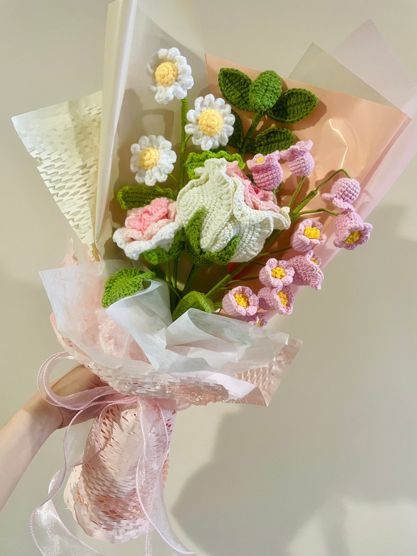 Mixed Pink Thai Rose Crochet Flowers Bouquet with package