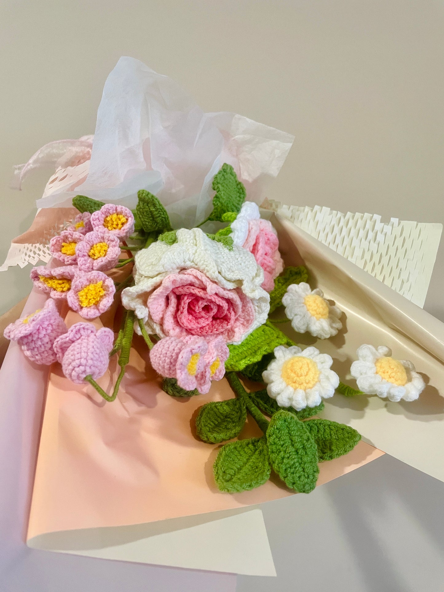 Mixed Pink Thai Rose Crochet Flowers Bouquet with package