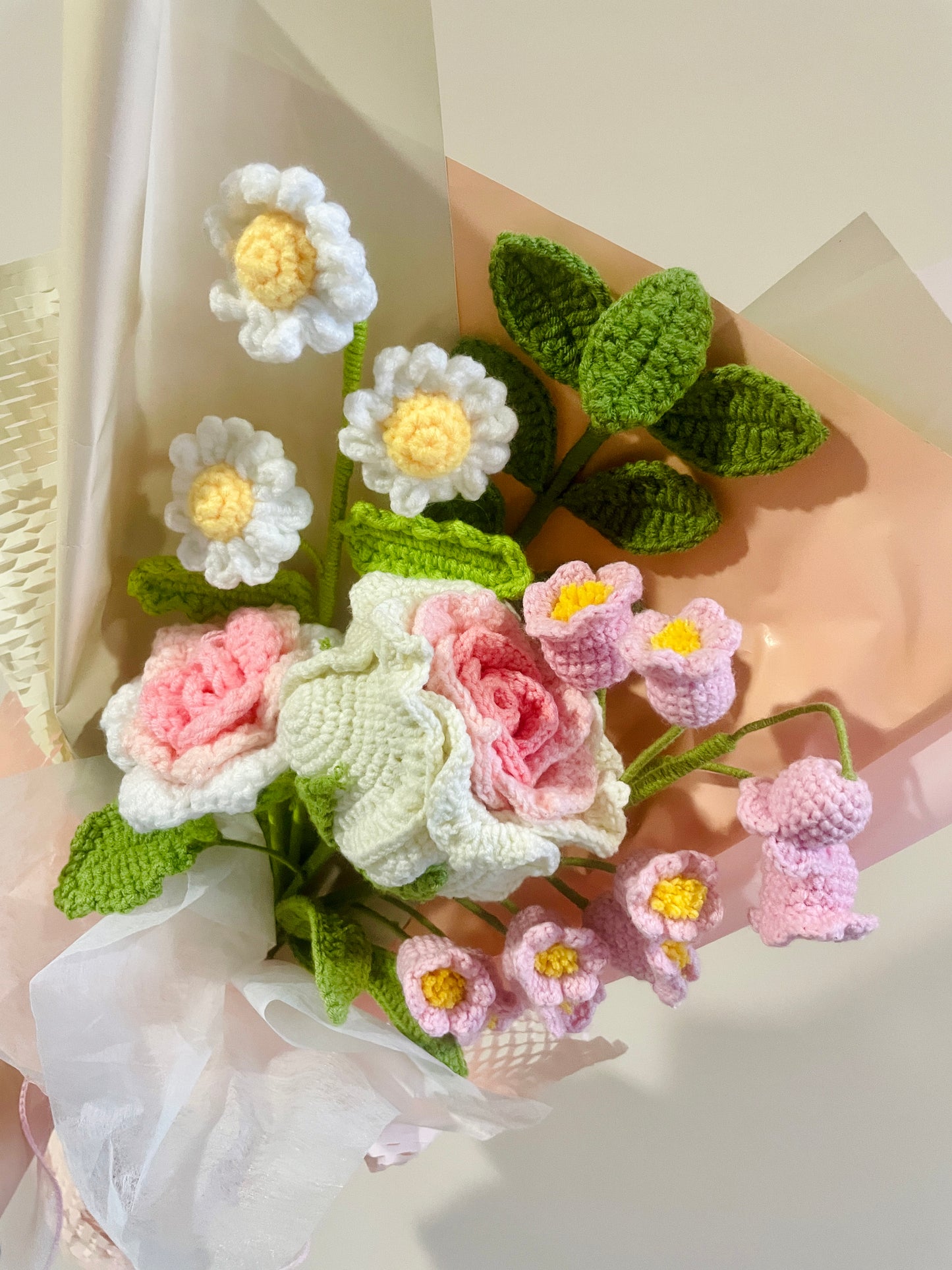 Mixed Pink Thai Rose Crochet Flowers Bouquet with package
