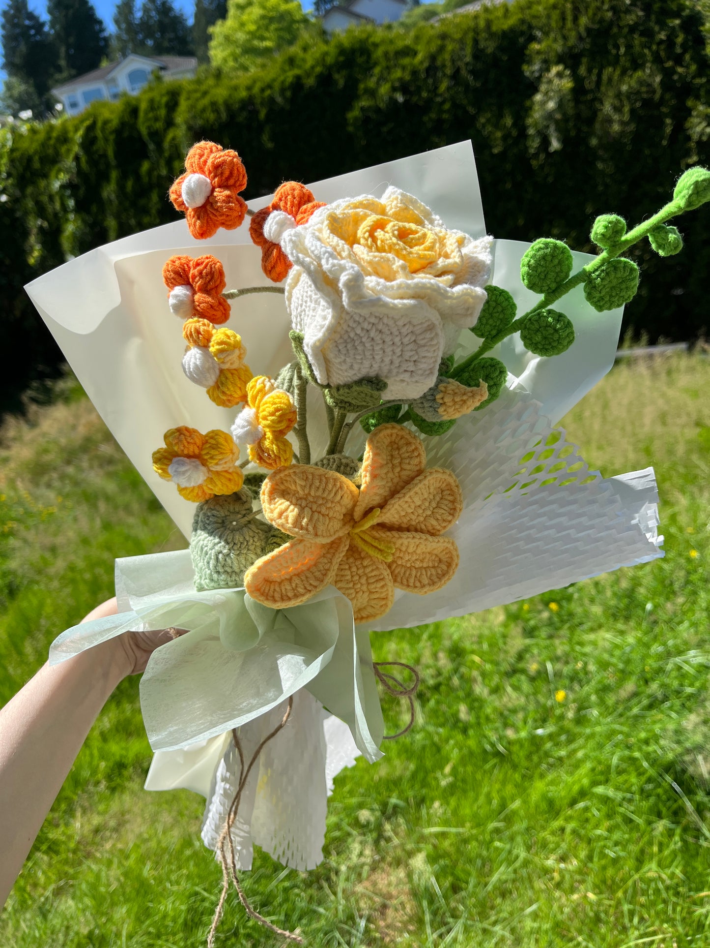 Mixed Yellow Crochet Flowers Bouquet with package
