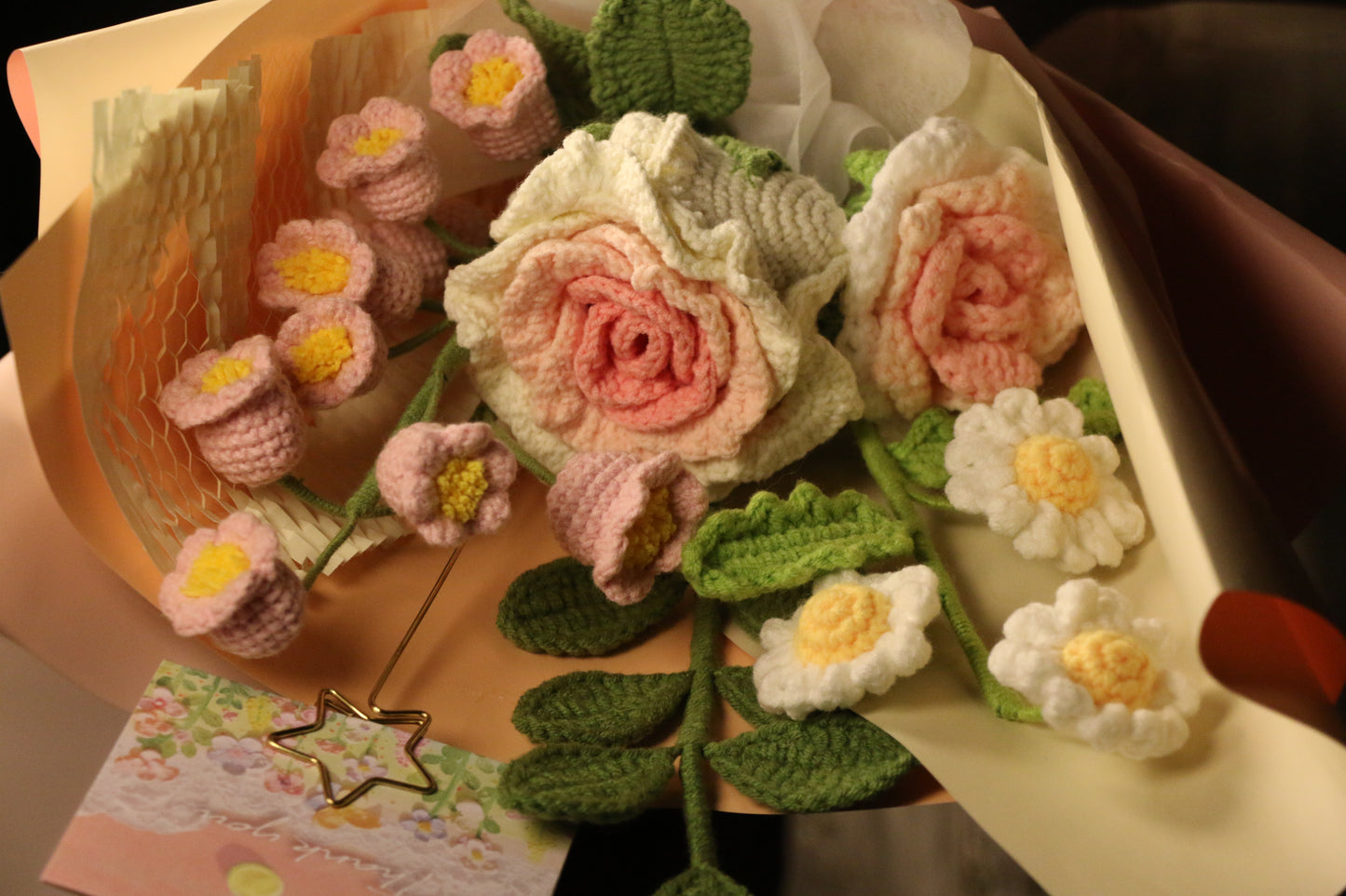Mixed Pink Thai Rose Crochet Flowers Bouquet with package