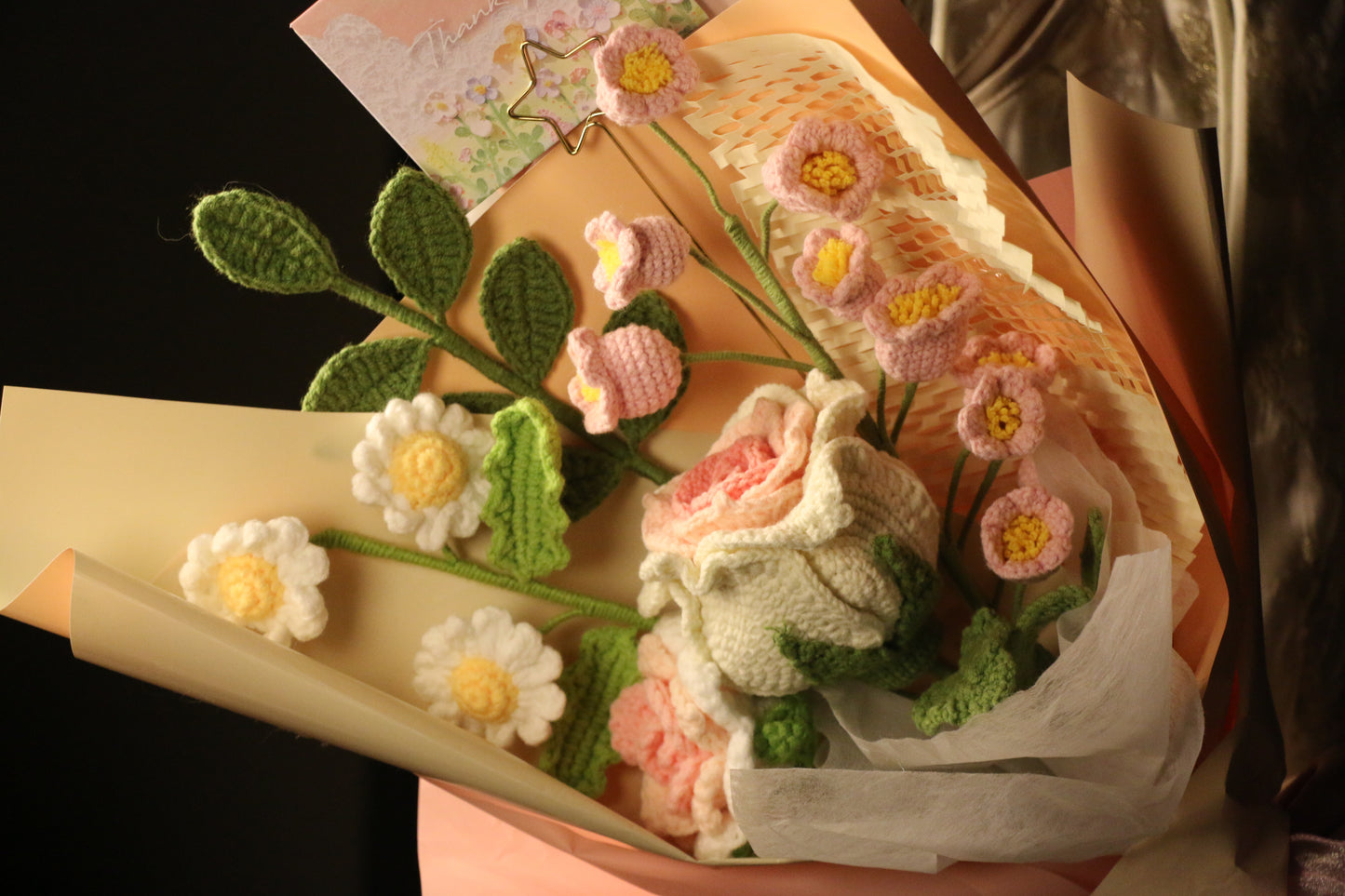 Mixed Pink Thai Rose Crochet Flowers Bouquet with package