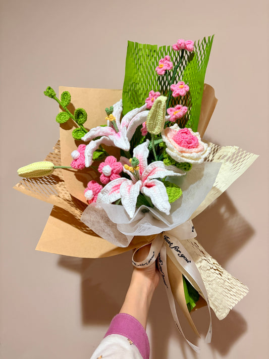 Mixed Oriental Lilly Crochet Flowers Bouquet with package