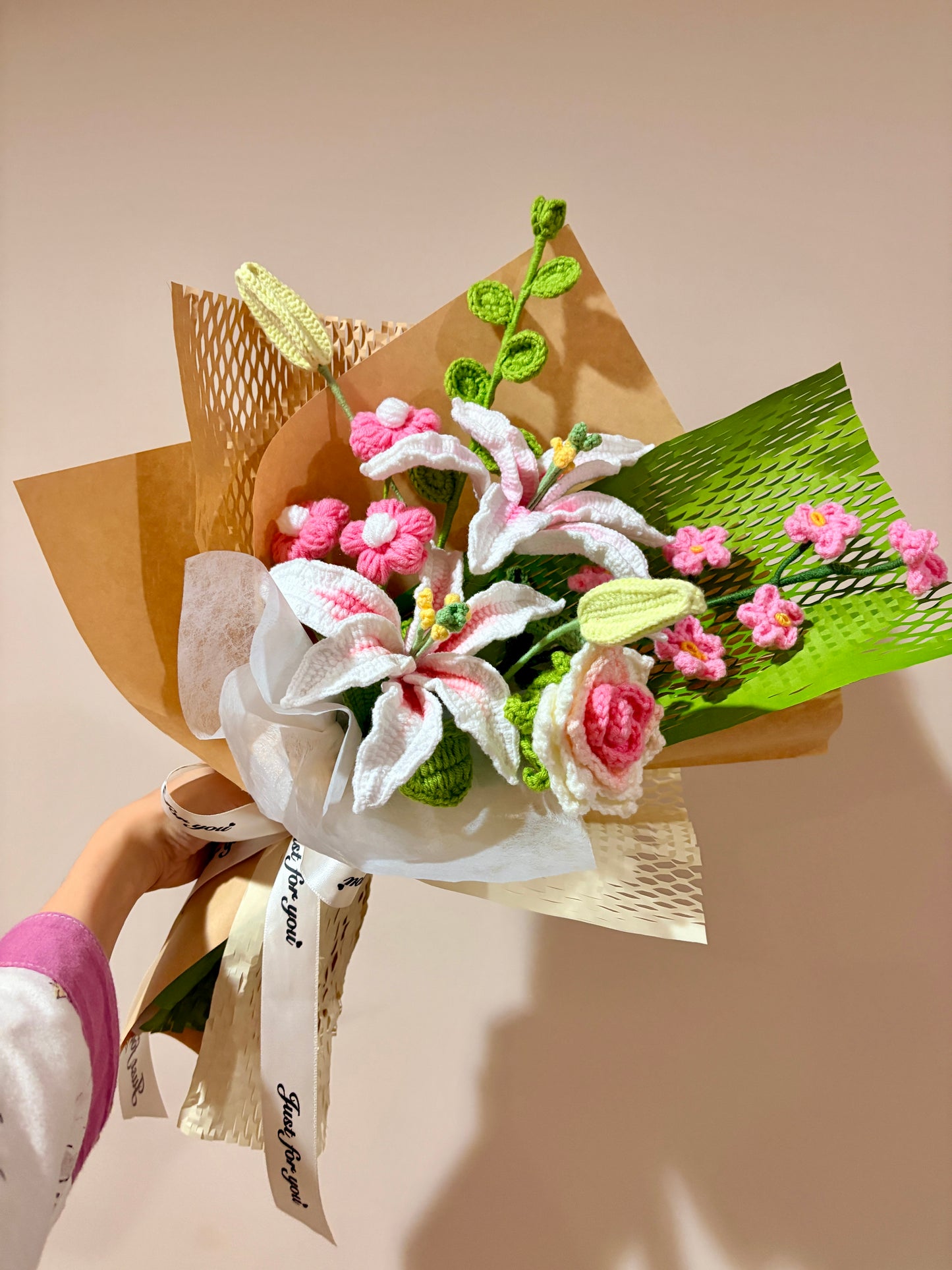 Mixed Oriental Lilly Crochet Flowers Bouquet with package